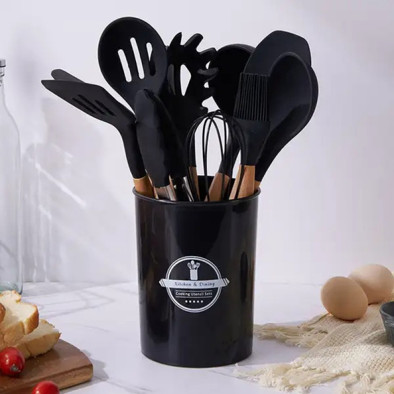 12 Pcs Silicone Spoon Set (Black)