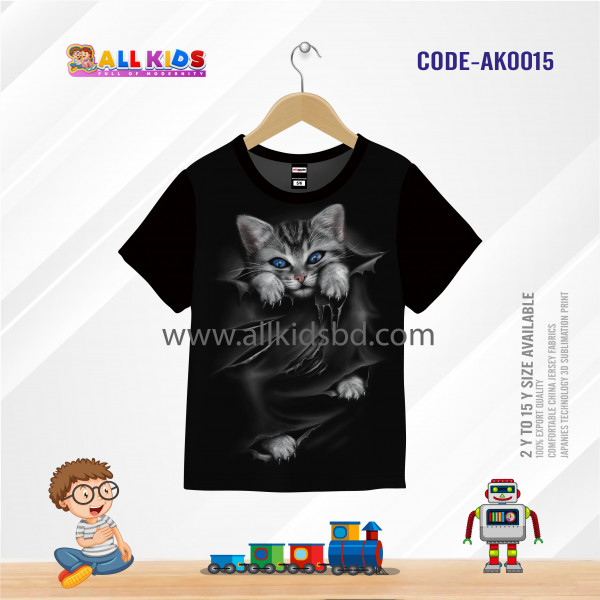 CAT BLACK KIDS 3D T-SHIRT HALF SLEEVE (SUBLIMATION PRINT)-AK0015
