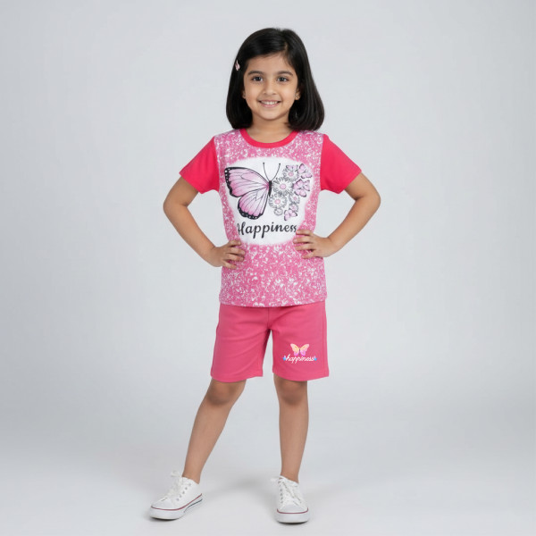  T-shirt & half pant set butterfly pink design-AKSETC10.1
