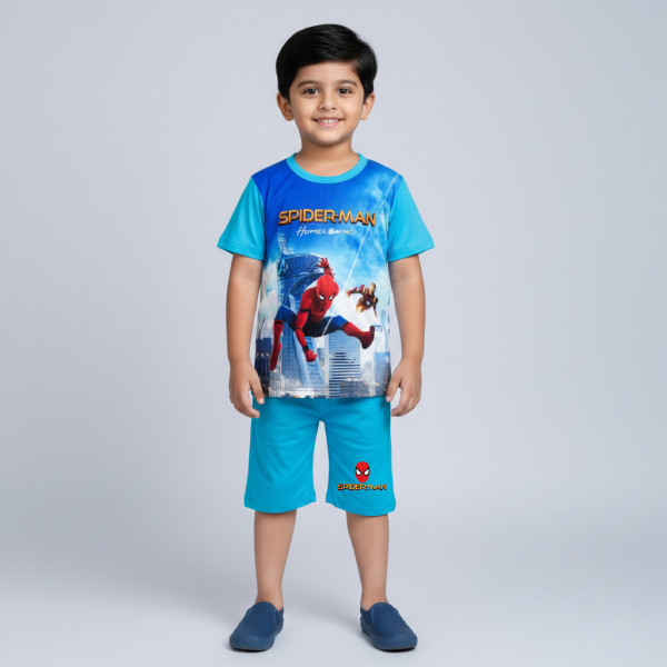  T-shirt & half pant set  Spiderman sky blue design-AKSETC2.1