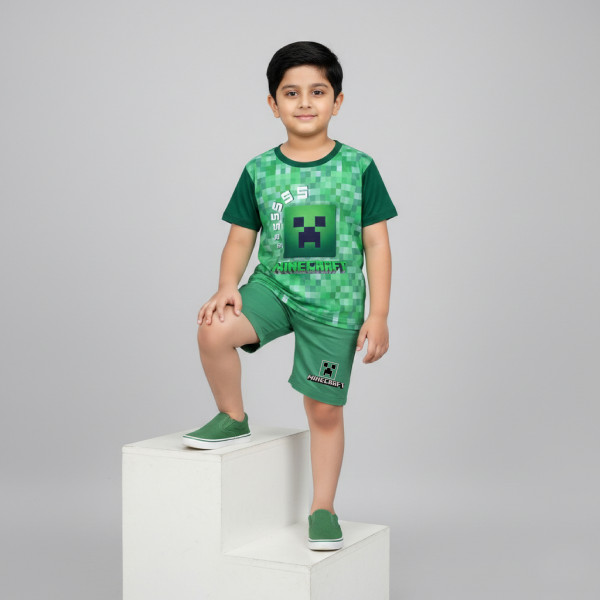  T-shirt & half pant set minecraft green design-AKSETC3.2
