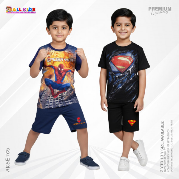 2Pcs T-shirt & half pant set combo spiderman & superman-AKSETC5