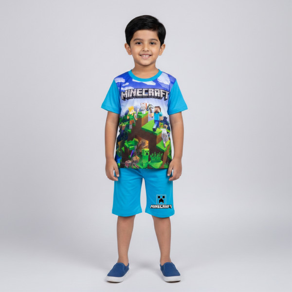  T-shirt & half pant set minecraft blue design-AKSETC8.1