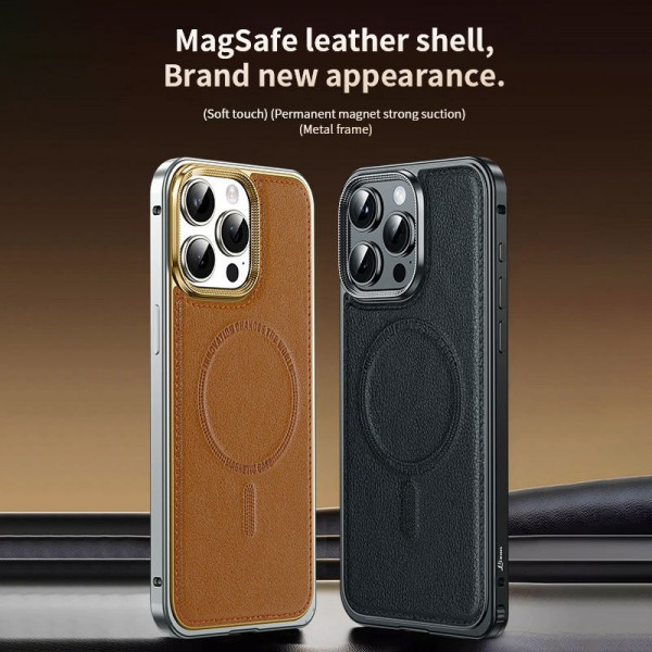 New Arrival Spring Buckle Metal Frame Magnetic Wireless Charging Pu Leather Back Phone case Cover for iphone 16 15 14 Pro Max