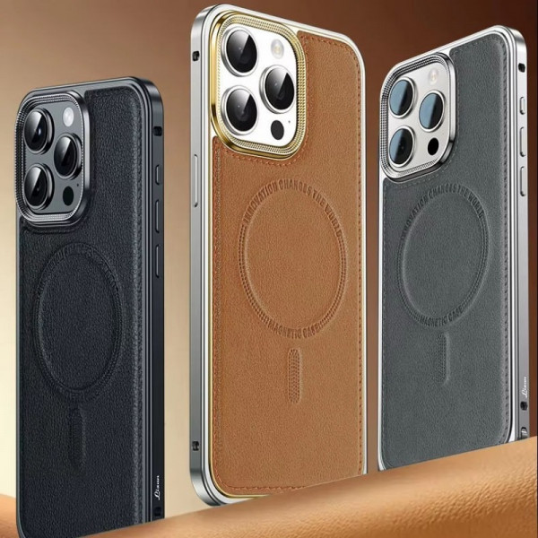 New Arrival Spring Buckle Metal Frame Magnetic Wireless Charging Pu Leather Back Phone case Cover for iphone 16 15 14 Pro Max