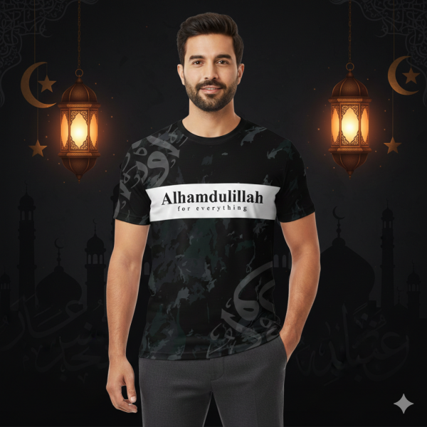 'Alhamdulillah' Black Half Sleeve Four Part Sublimation Print For T-Shirt -Code: AS120