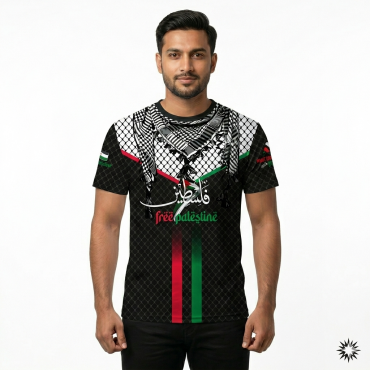 Free Palestine Islamic Black Four Part Half Sleeve Sublimation Print T- Shirt FP02