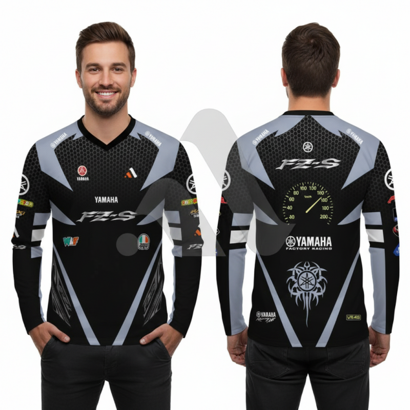 Yamaha Fz-S Version 2 Black Bike Full Sleeve Four Part Sublimation Print For Premium Bike T-Shirt - AS03