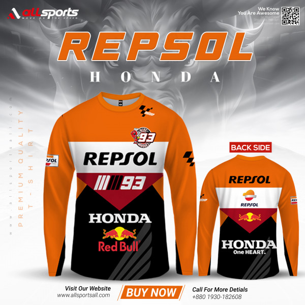 Repsol Black Full Sleeve Four Part Sublimation Print For Bike T-Shirt-AS4P013