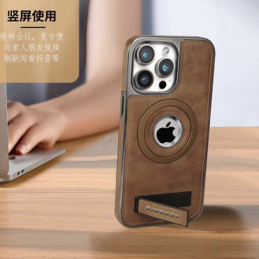 Mattel MagSafe JINDUKA  Stand Logo Hole Leather Case PU Leather Electroplated Bezel Case.