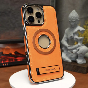 Mattel MagSafe JINDUKA  Stand Logo Hole Leather Case PU Leather Electroplated Bezel Case.আইফোন কভার মোবাইল না 