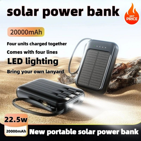 Portable Solar Power Bank 20000mAh with LED Light & Multi Cable Support