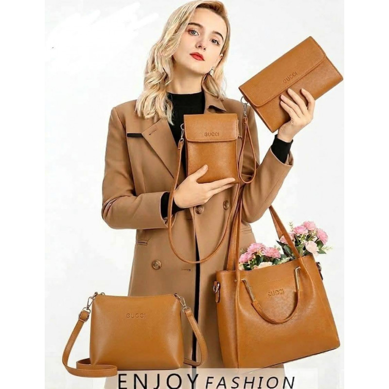 4 PCS Leather LADIES FASHIONABLE COMBO Bag (Brown)