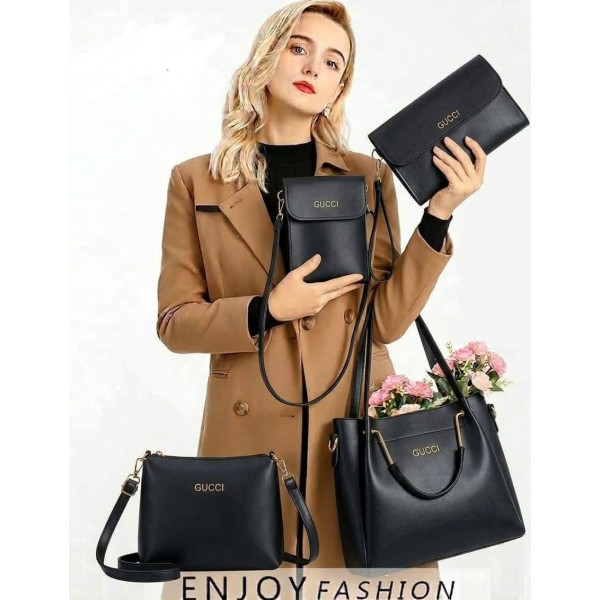4 PCS Leather LADIES FASHIONABLE COMBO Bag (Black)