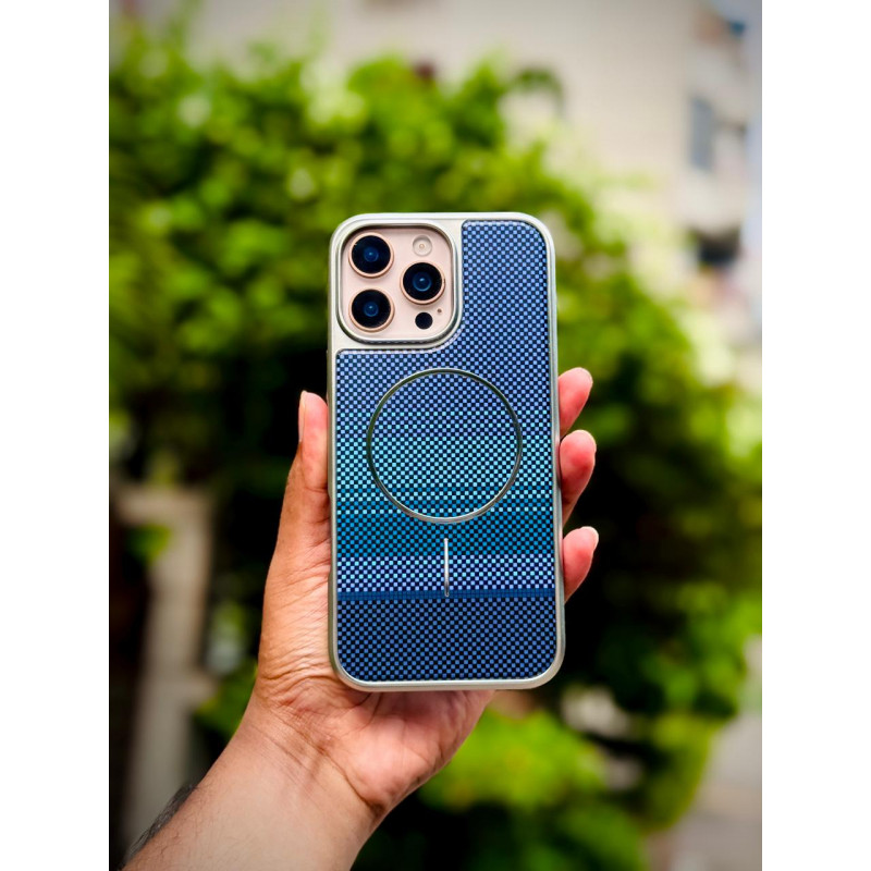 Luxo Brand Carbon Fiber Striped Electroplated Silver Magnetic Case For iPhone