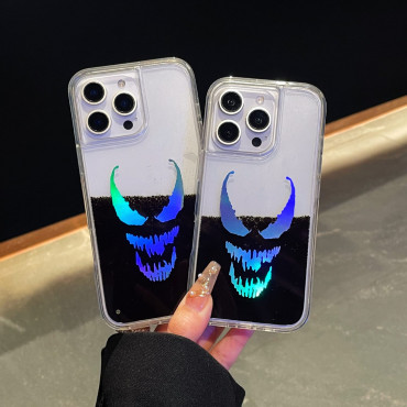 Laser Grim Smile Pattern For iPhone 16 Pro Max to 11 Case Black Liquid Protective Clear Hard Cover