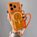 For iPhone Large Window Matte Electroplated TPU MagSafe Phone Case with Hand Strap (Orange, Pink)