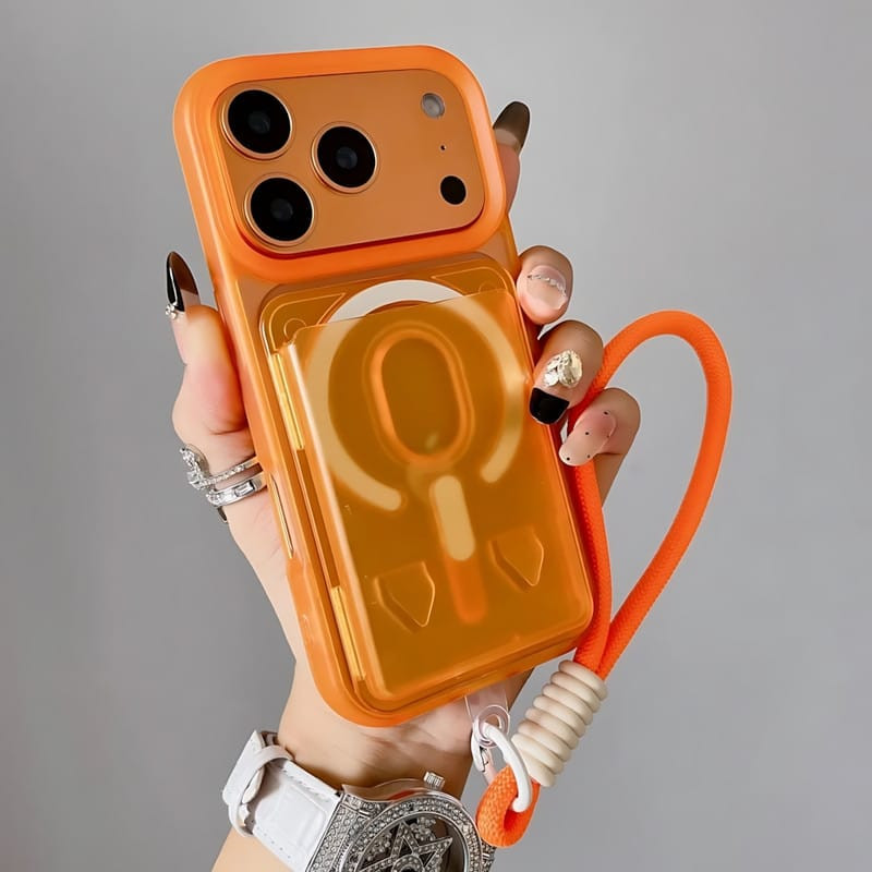 For iPhone Large Window Matte Electroplated TPU MagSafe Phone Case with Hand Strap (Orange, Pink)