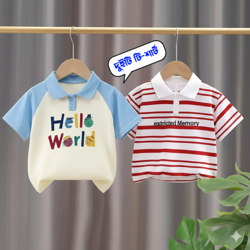 বাচ্চাদের ২ পিস প্রিমিয়াম কটন পোলো টি শার্ট S-Hello+R-Step