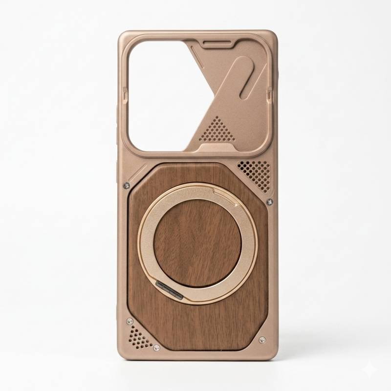 Tactical Wood-Grain Cyber Armor Case With Magnetic Ring Kickstand