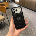 Black Metal Logo Leather Case for iPhone 