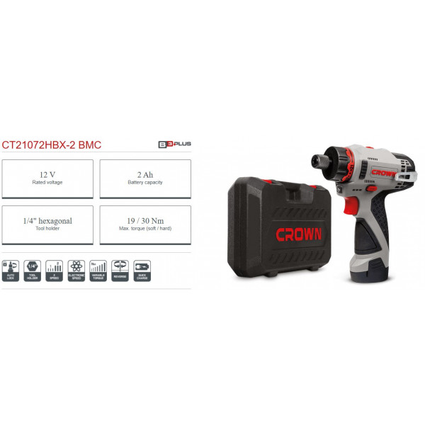 Crown 12v Cordless Screwdriver With 2pcs battery and Charger - CT21072HBX