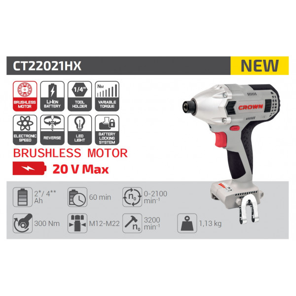 Crown 20v Cordless Impact Screwdriver with two Battery & one Charger Model: CT22021