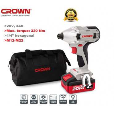 Crown 20v Cordless Impact Screwdriver with two Battery & one Charger Model: CT22021