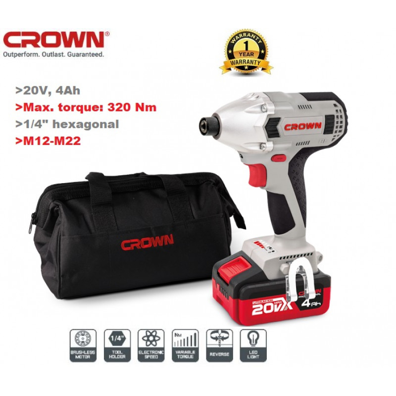 Crown 20v Cordless Impact Screwdriver with two Battery & one Charger Model: CT22021