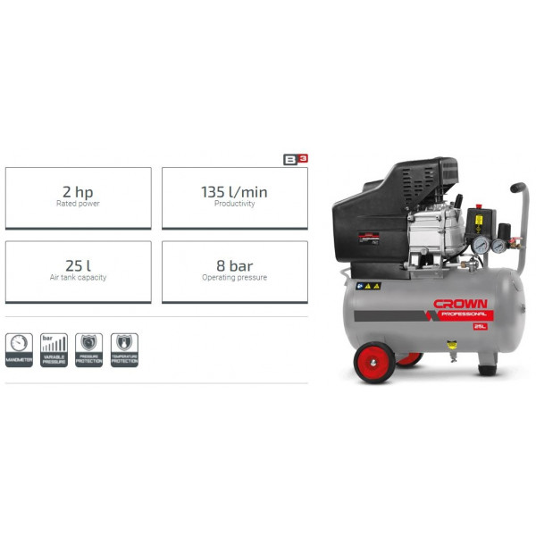 Crown 25L Air Compressor, 2HP, Tank Capacity: 25L, 8 Bar, Model: CT36028