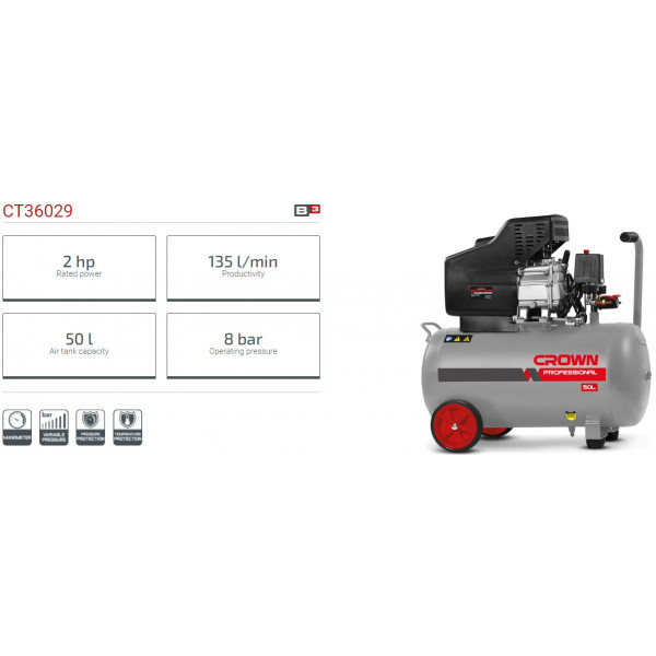 Crown 50L Air compressor Machine, 2HP, Tank Capacity: 50L, Air Displacement: 135L/min, Model CT36029
