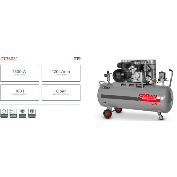 CROWN 100L Air Compressor 2HP/1.5kW, Tank Capacity:200L, Model CT36031