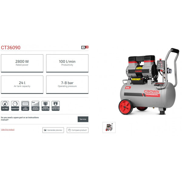 Crown 24L Silent Air Compressor, Oil free & Soundless, 1400w, Tank Capacity: 24L, Model CT36090