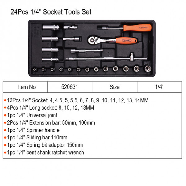 Harden 24Pcs 1/4＂ Socket Tools Set Model: 520631