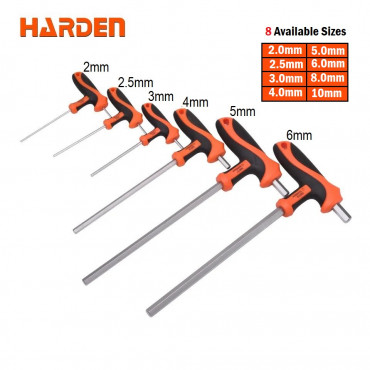 Harden T-Allenkey, T Handle Chrome Vanadium Steel spanner, Allen Hex Key,  8 Standard Sizes ( 2mm | 2.5mm | 3mm| 4mm | 5mm | 6mm | 8mm | 10mm ) Model: 540711 - 540718