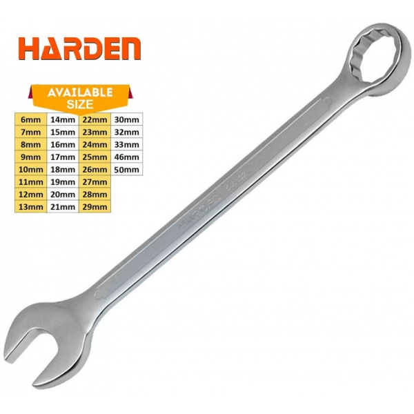 Harden European Combination Spanner Cr-V, 26 Standard Sizes available ( 6mm to 50mm ) Model: 541106 - 541150