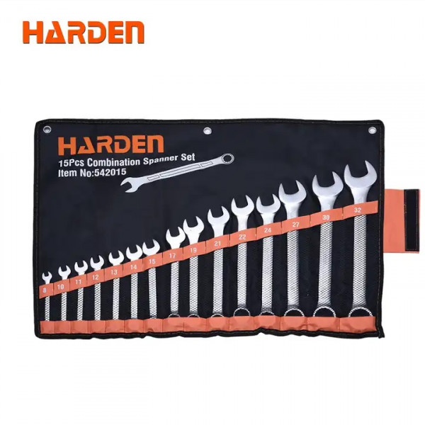 Harden 15Pcs Combination Spanner Set ( 8, 10, 11, 12, 13, 14, 15, 17, 19, 21, 22, 24, 27, 30, 32mm ) CrV Model: 542015