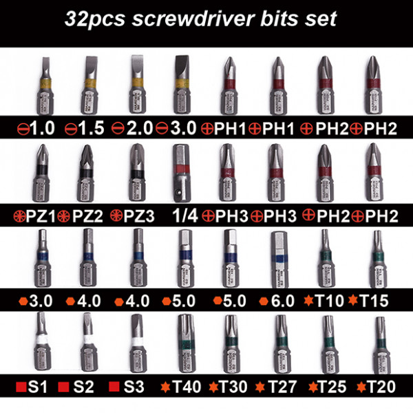 Harden 33pcs Screwdriver Bits Set ( Flat, Philip, Pozi, Hex, Torex & Square bits ) Model: 550833
