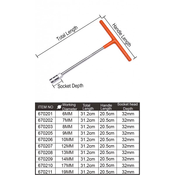 Harden T-Type CRV Wrench,  T Wrench, T-Socket Wrench, 07 standard sizes ( 8mm | 10mm | 12mm | 13mm | 14mm | 17mm | 19mm ) Model: 670203 - 670211