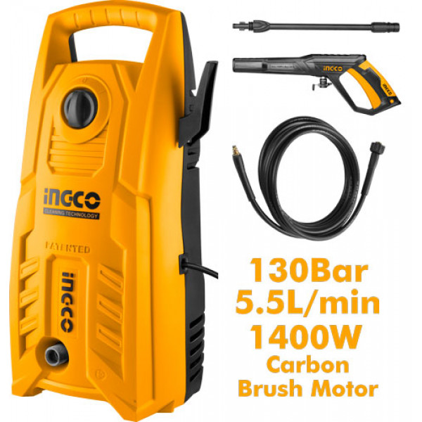 INGCO HPWR14008 High Pressure Washer – 1400W Induction Motor, 130 Bar (1900PSI), 5.5 L/min Flow Rate, Car & Bike Washer with 5m Pressure Hose