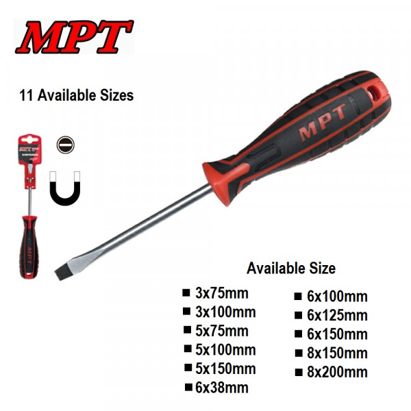 MPT Flat Screwdriver Screw Driver (Slotted)  ( 3x75mm | 3x100 | 5x75 | 5x100| 5x150| 6x38 | 6x100 | 6x125 | 6x150 | 8x150 | 8x200mm ) MHA01001