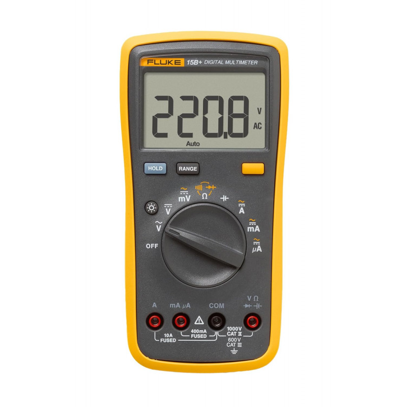 Fluke 15B+ Digital Multimeter, for Electrical Applications, Measures AC/DC Voltage and Current Measurements up to 1000V and 10A, Along with Resistance, Continuity, Diode, and Capacitance Capabilities