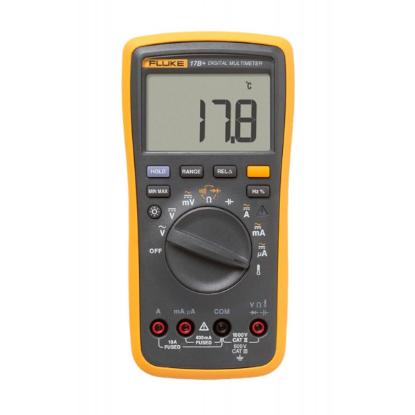 FLUKE 17B+ Digital Multimeter, for Electrical Applications, Measures AC/DC Voltage 1000V, Current Measurements to 10A, Resistance, Continuity, Diode, Capacitance, Frequency, and Temperature Testing