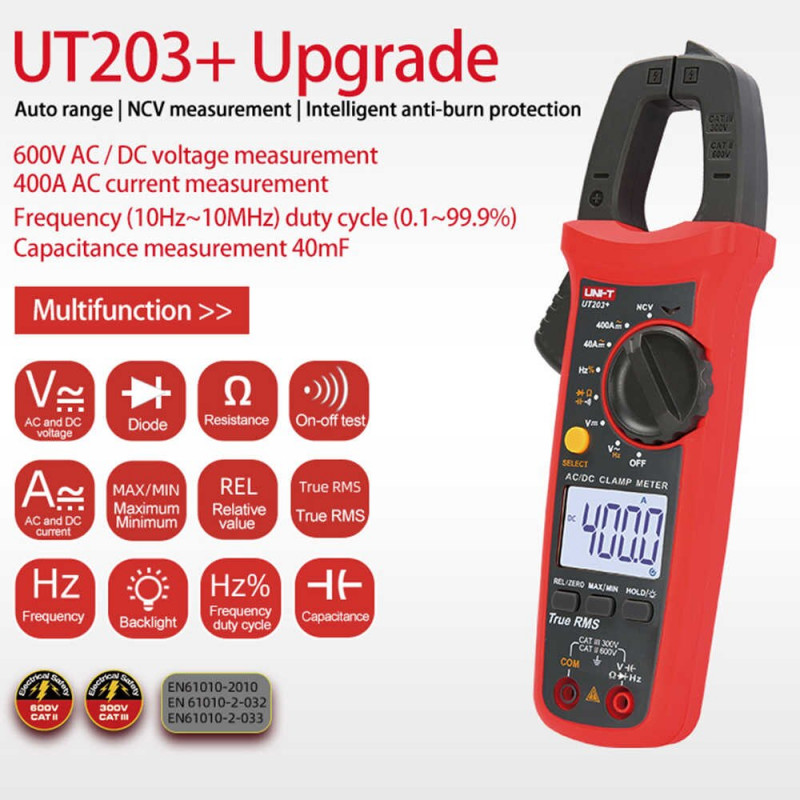 UNI-T UT203+ Digital Clamp Meter – AC/DC 600A, True RMS, Auto Range