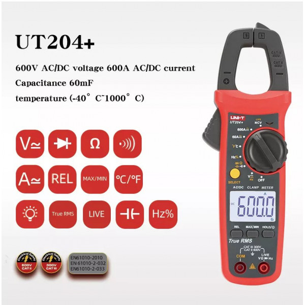 UNI-T UT204+ Digital Clamp Meter AC/DC 600A Clamp on meter Current Tester High Precision Multimeter.