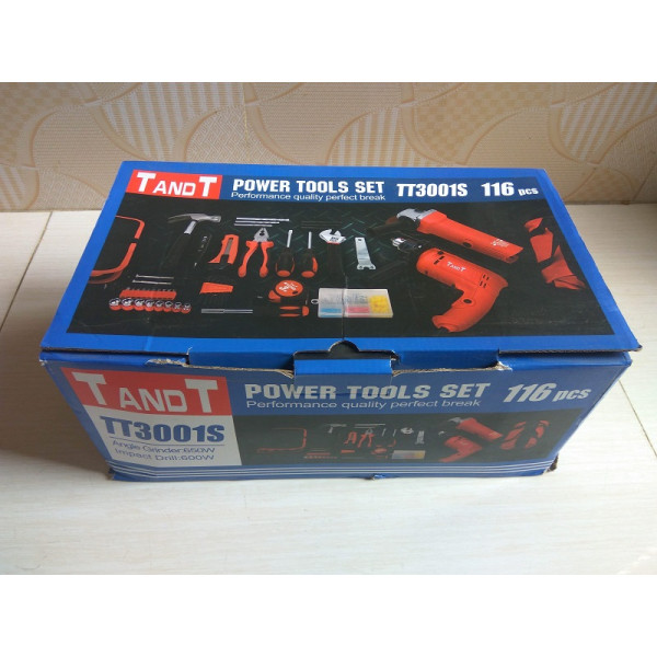 TANDT 116 pcs Power Tools Set, Impact Drill &  Angle Grinder with Hand Tools Set  - TT3001S