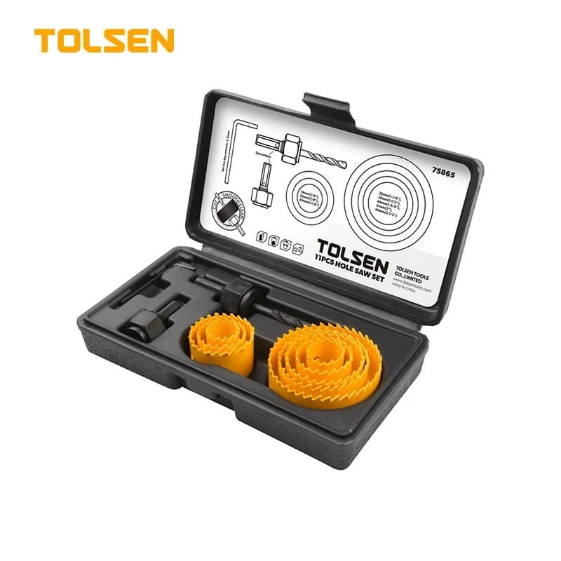  TOLSEN 11pcs Hole Saw Pilot Drill Bit Kits for Plywood Drywall Wood Plastic 75865