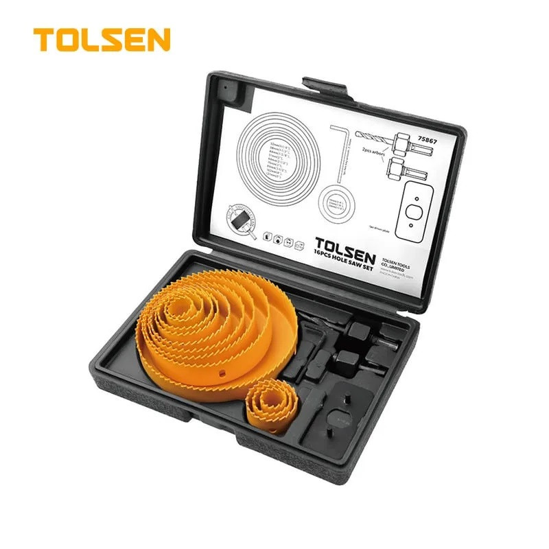 TOLSEN 16Pcs Hole Saw Pilot Drill Bit Kits for Plywood Drywall Wood Plastic Model: 75867