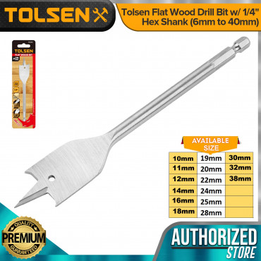 TOLSEN Flat Wood Drill Bit  w/ 1/4" Hex Shank ( 12mm|14|16|18|19|20|22|25|28|30|32|38mm ) 75634