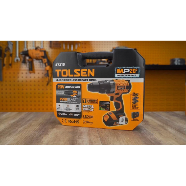 Tolsen 20V LI-ION Cordless Impact Drill with 2 Battery & Hard Case 13mm Metal Chuck (screwdriving / drilling / impact drilling) 87215